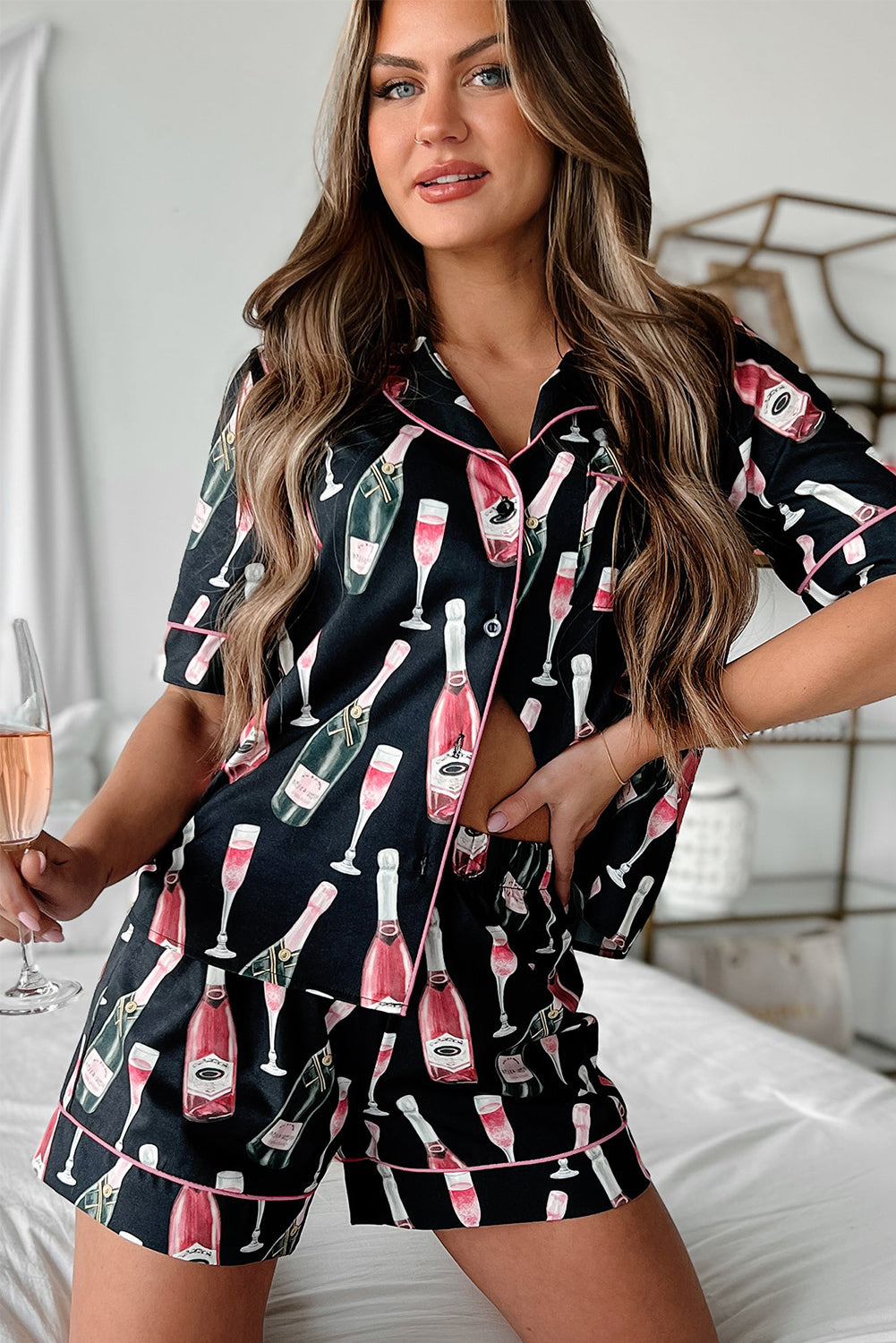 Black Champagne Silky Short Sleeve Pajamas Set