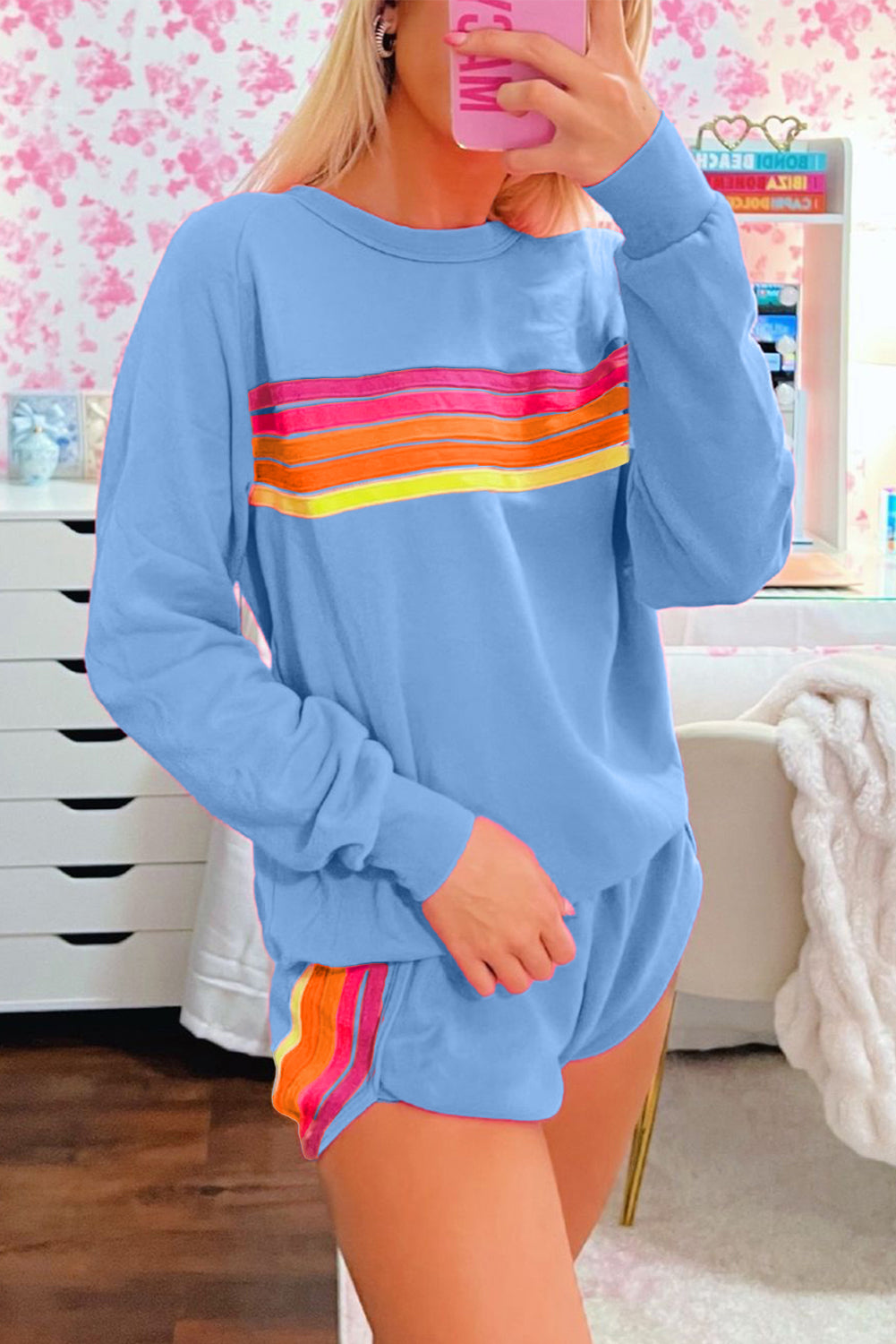Blue Striped Accent Pullover and Shorts Two Piece Casual Set