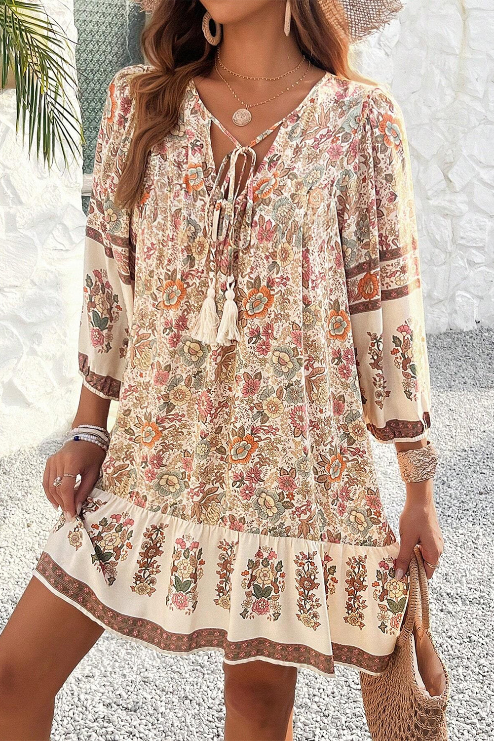 Floral Print Tassel Drawstring V Neck Loose Mini Dress