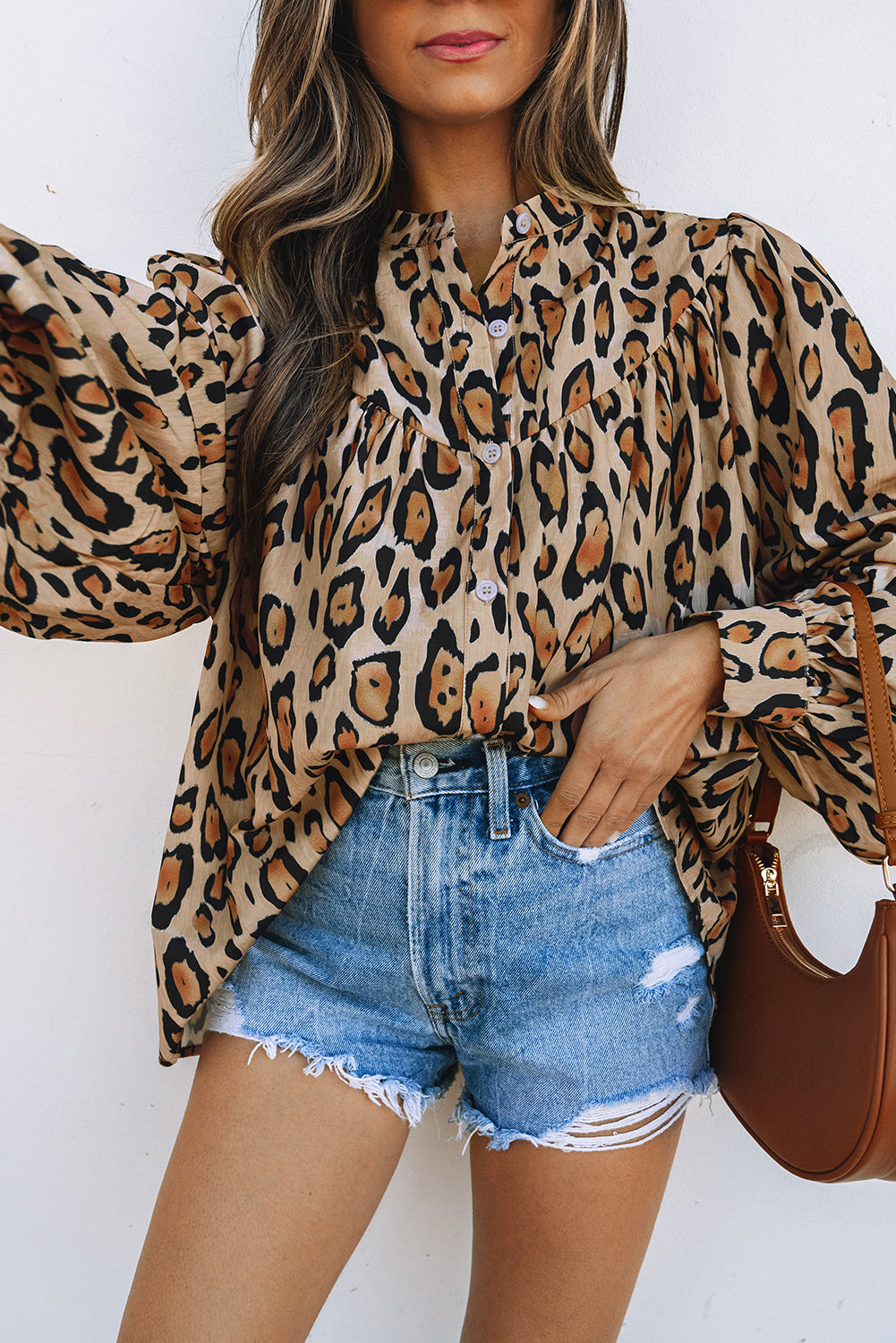 Light Beige Oversized Leopard Print Balloon Sleeve Casual Shirt