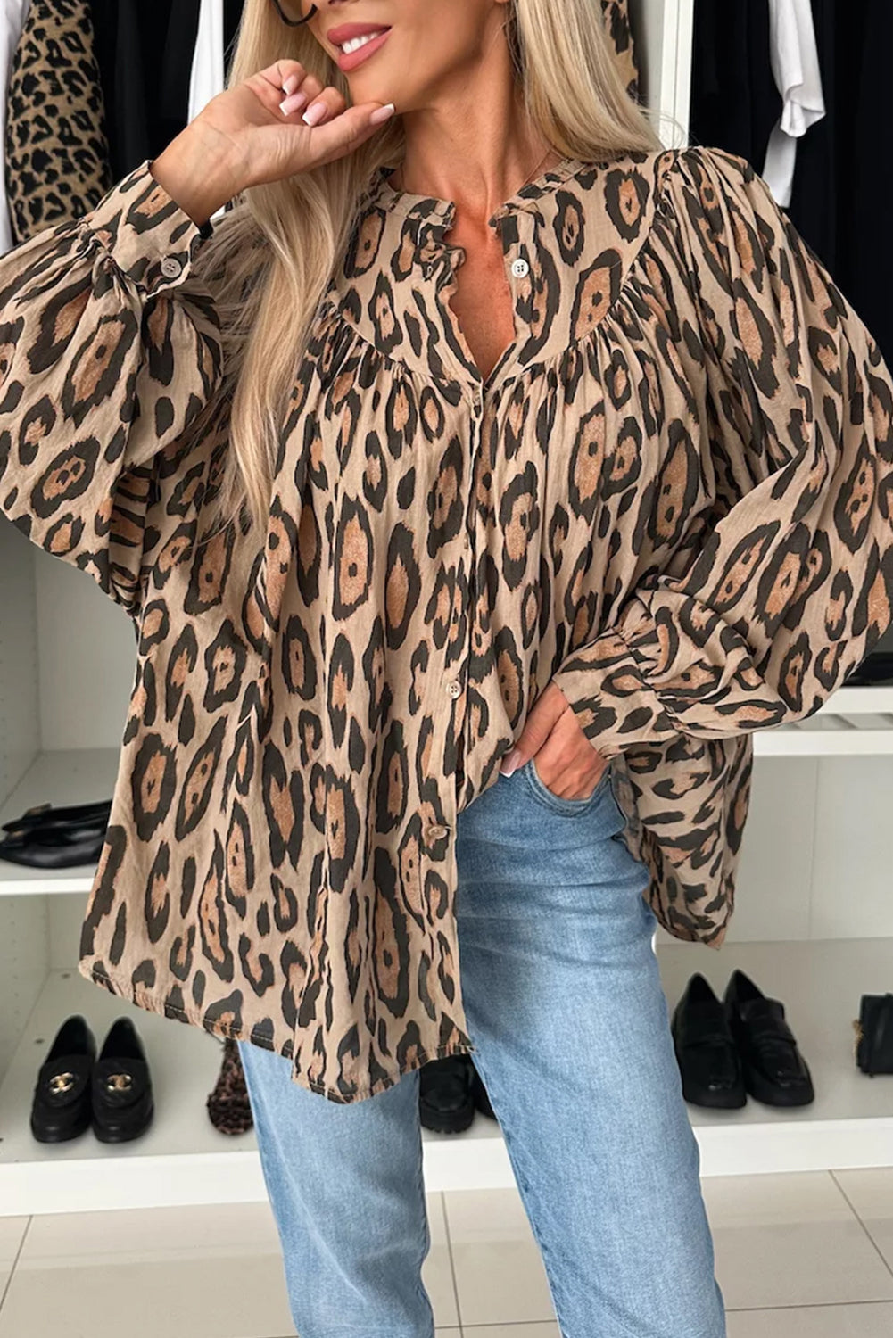 Light Beige Oversized Leopard Print Balloon Sleeve Casual Shirt