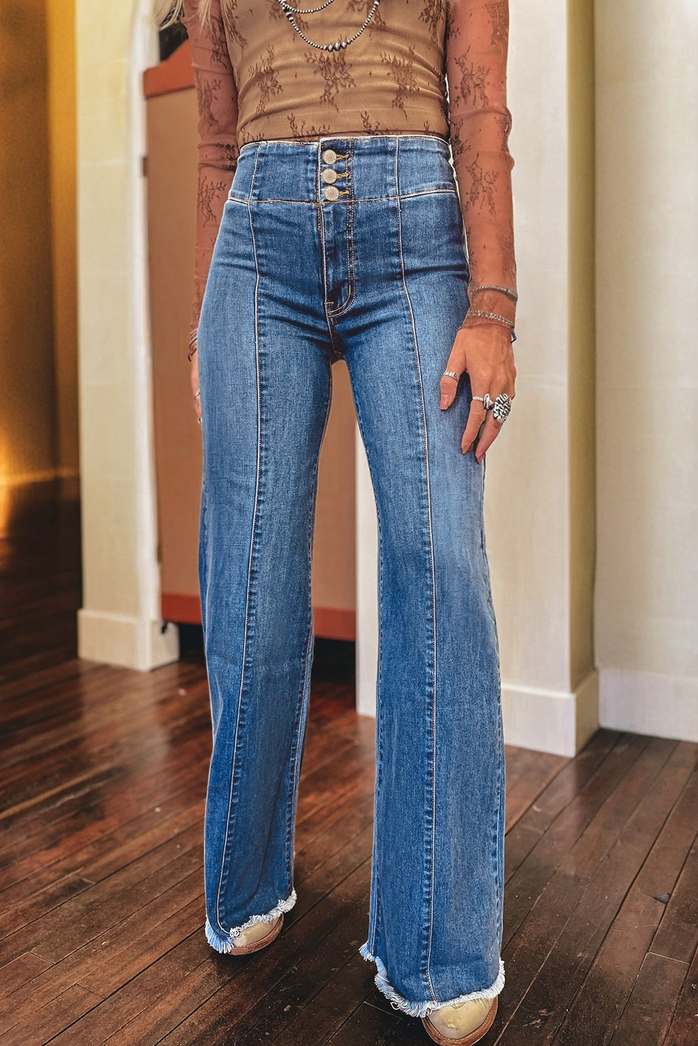 Sail Blue High Waist Button Fly Flare Jeans