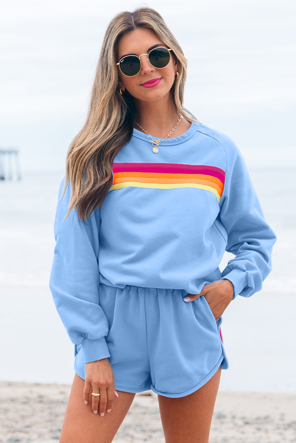 Blue Striped Accent Pullover and Shorts Two Piece Casual Set