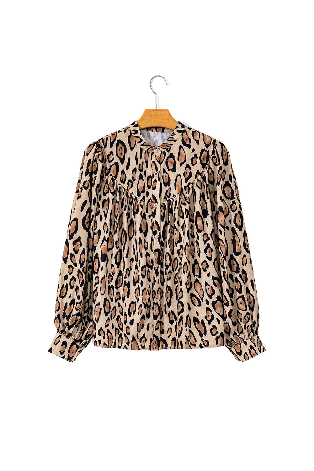 Light Beige Oversized Leopard Print Balloon Sleeve Casual Shirt