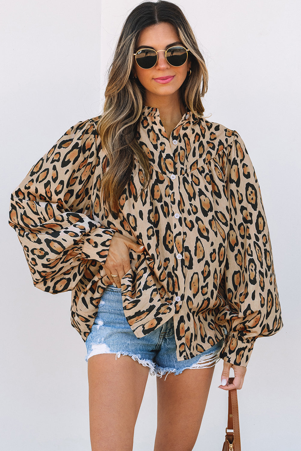 Light Beige Oversized Leopard Print Balloon Sleeve Casual Shirt