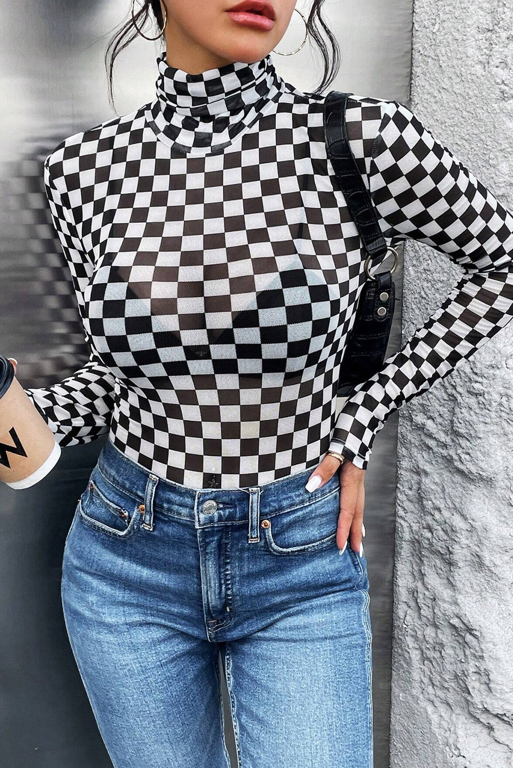 Black Checkered Long Sleeve High Neck Bodysuit
