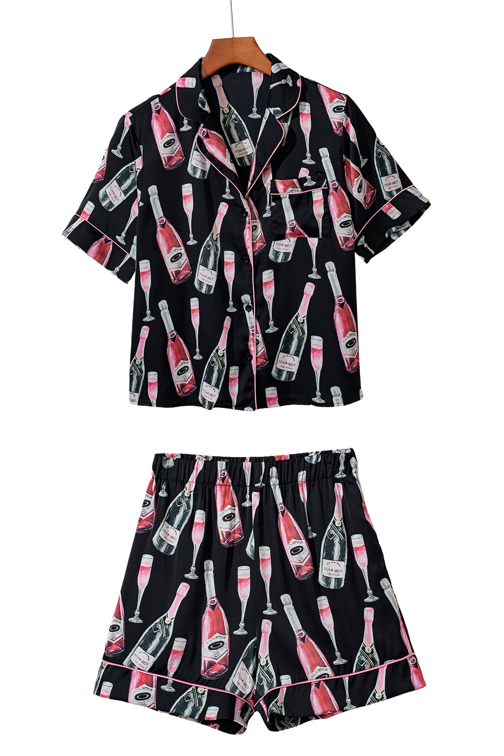 Black Champagne Silky Short Sleeve Pajamas Set