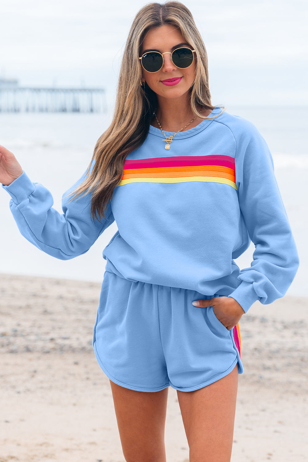 Blue Striped Accent Pullover and Shorts Two Piece Casual Set