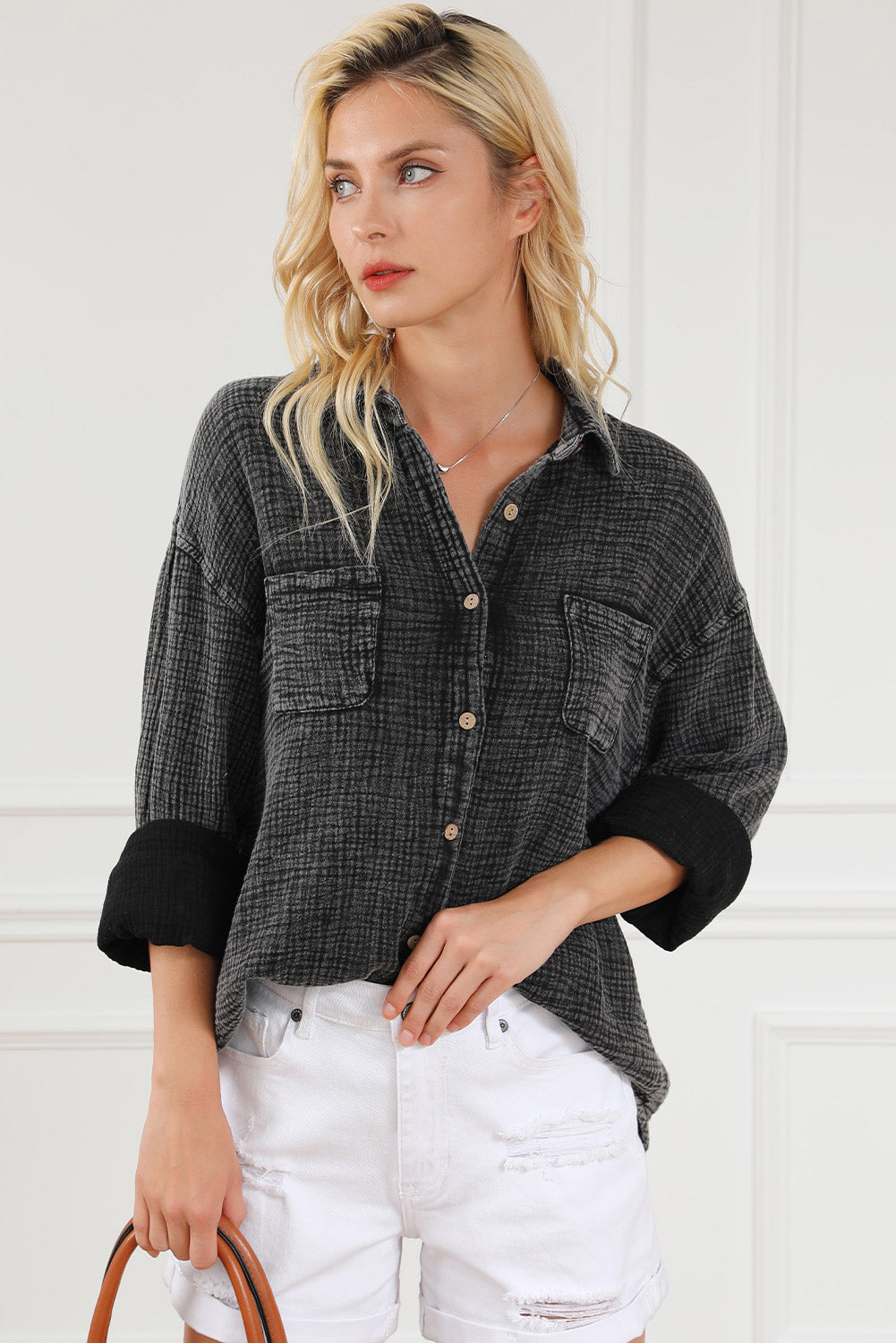 Black Crinkle Textured Shirt
