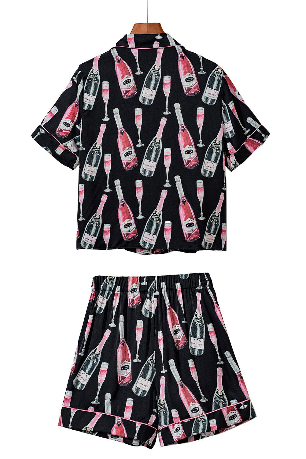 Black Champagne Silky Short Sleeve Pajamas Set