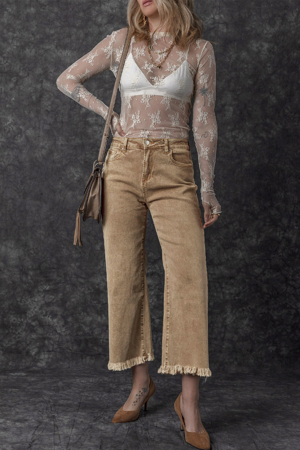 Light Beige Acid Washed High Rise Cropped Wide Leg Jeans
