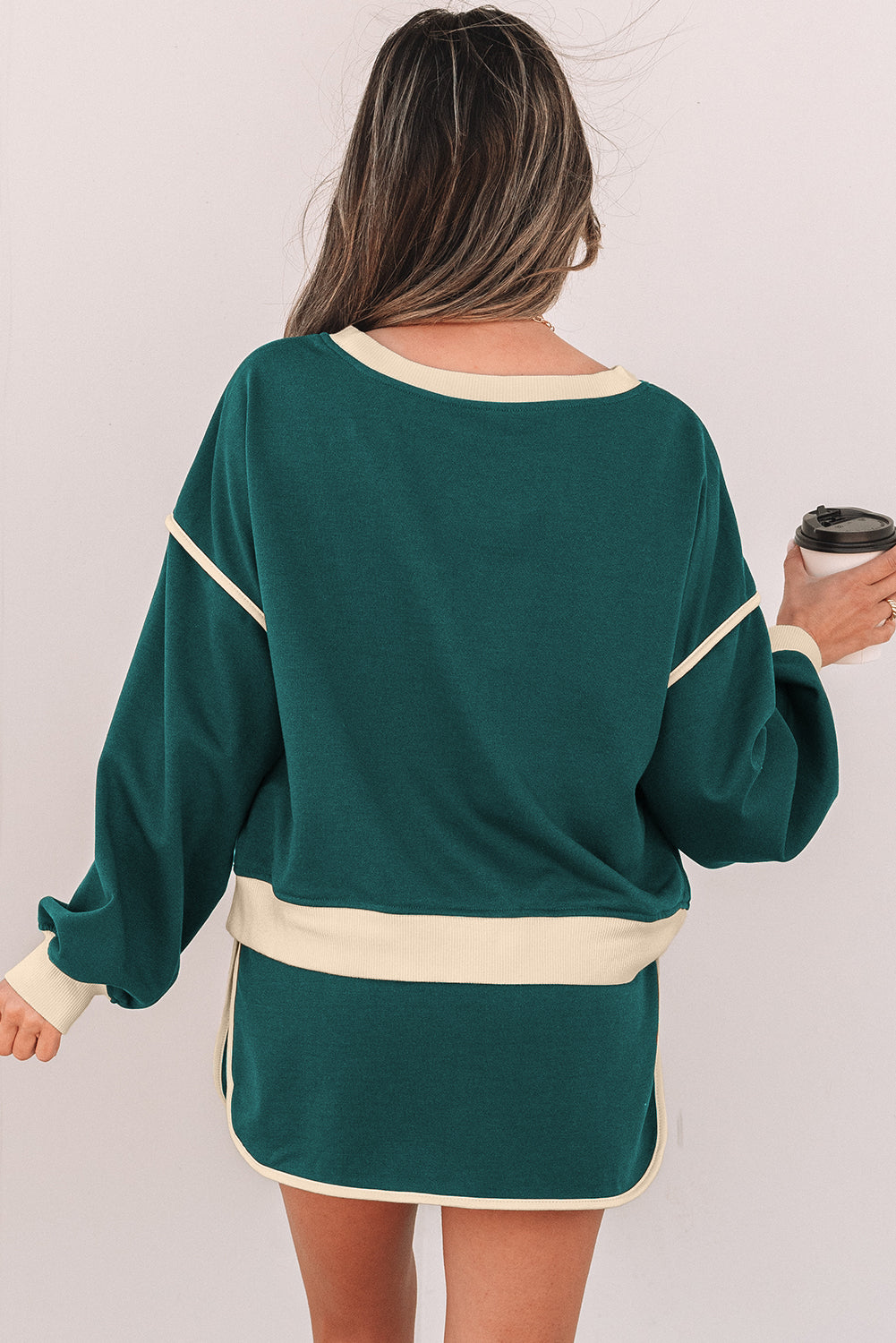 Evergreen Contrast Loose Pullover and Lace-up Waist Skort Set