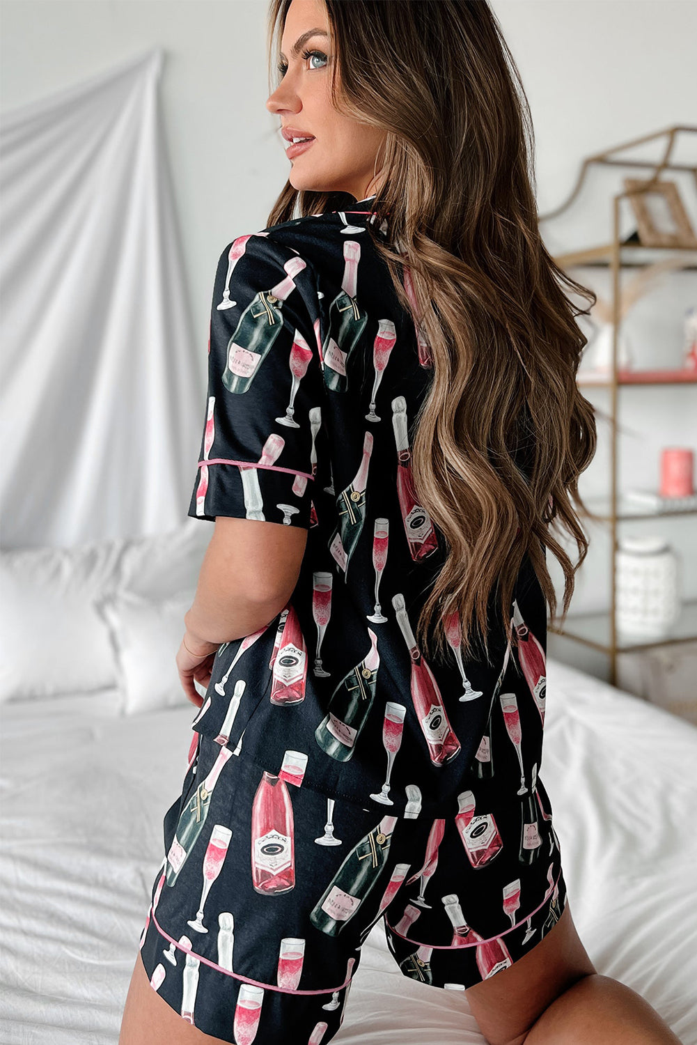 Black Champagne Silky Short Sleeve Pajamas Set
