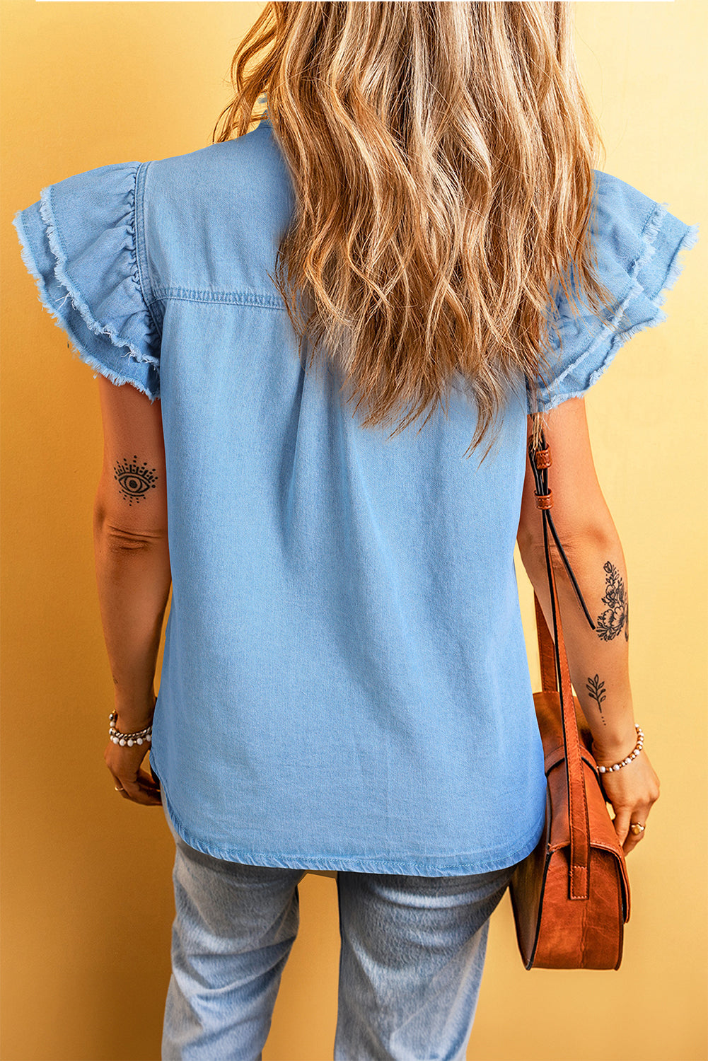 Beau Ruffled Flutter Frayed Denim Top