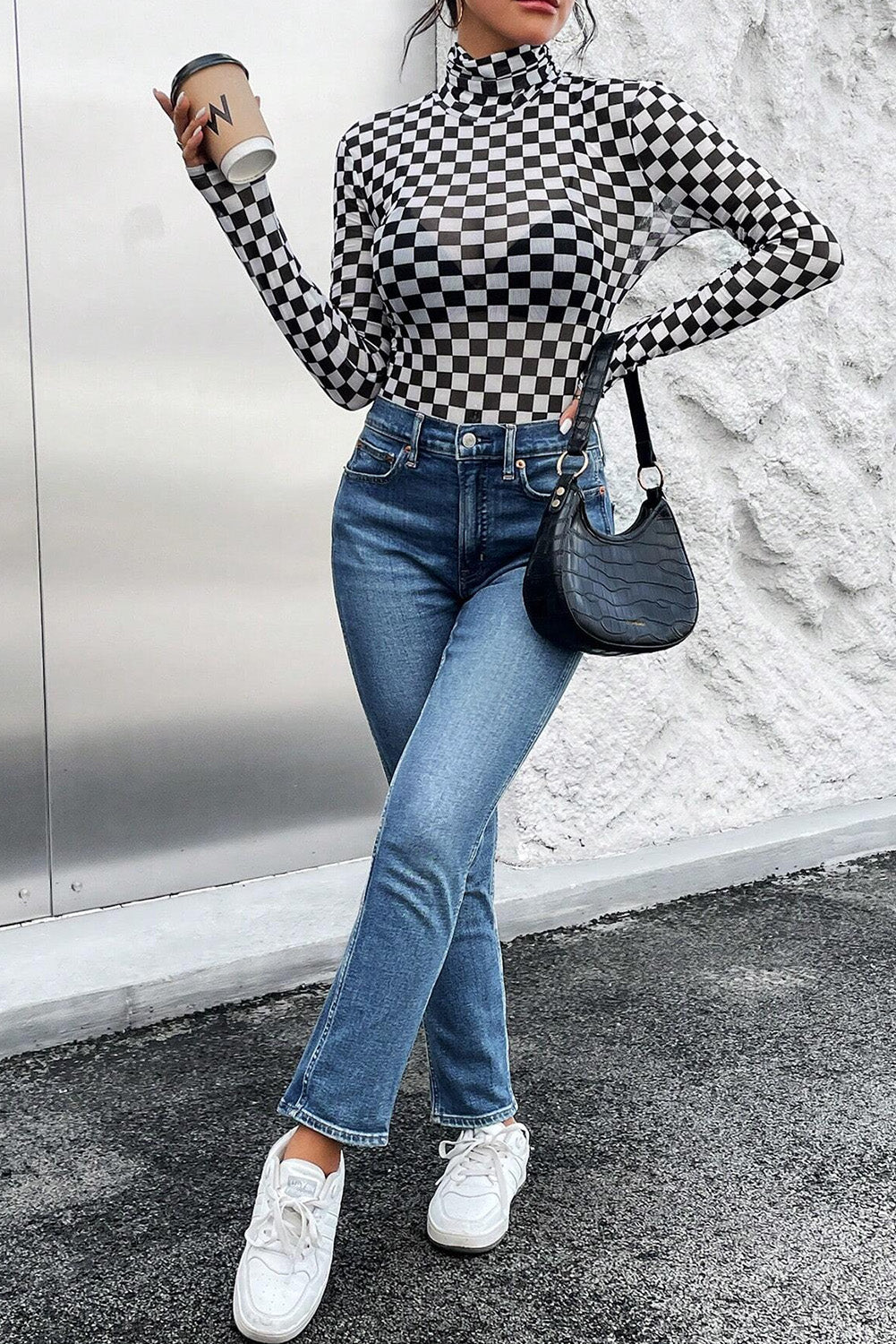 Black Checkered Long Sleeve High Neck Bodysuit