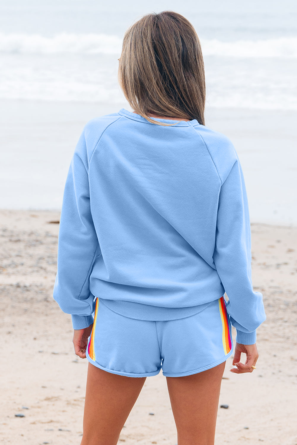 Blue Striped Accent Pullover and Shorts Two Piece Casual Set