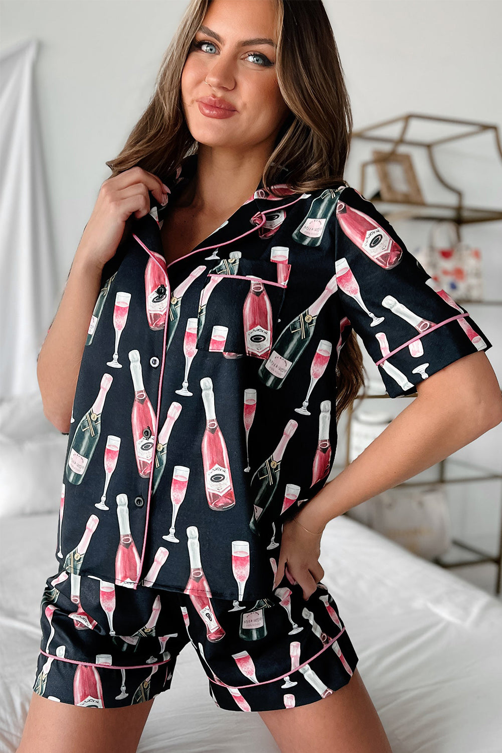 Black Champagne Silky Short Sleeve Pajamas Set