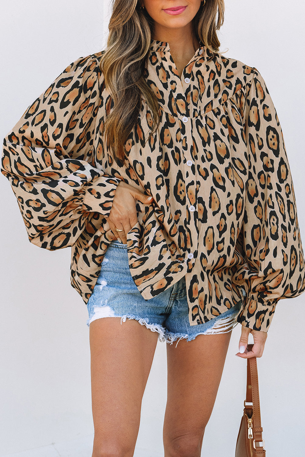 Light Beige Oversized Leopard Print Balloon Sleeve Casual Shirt