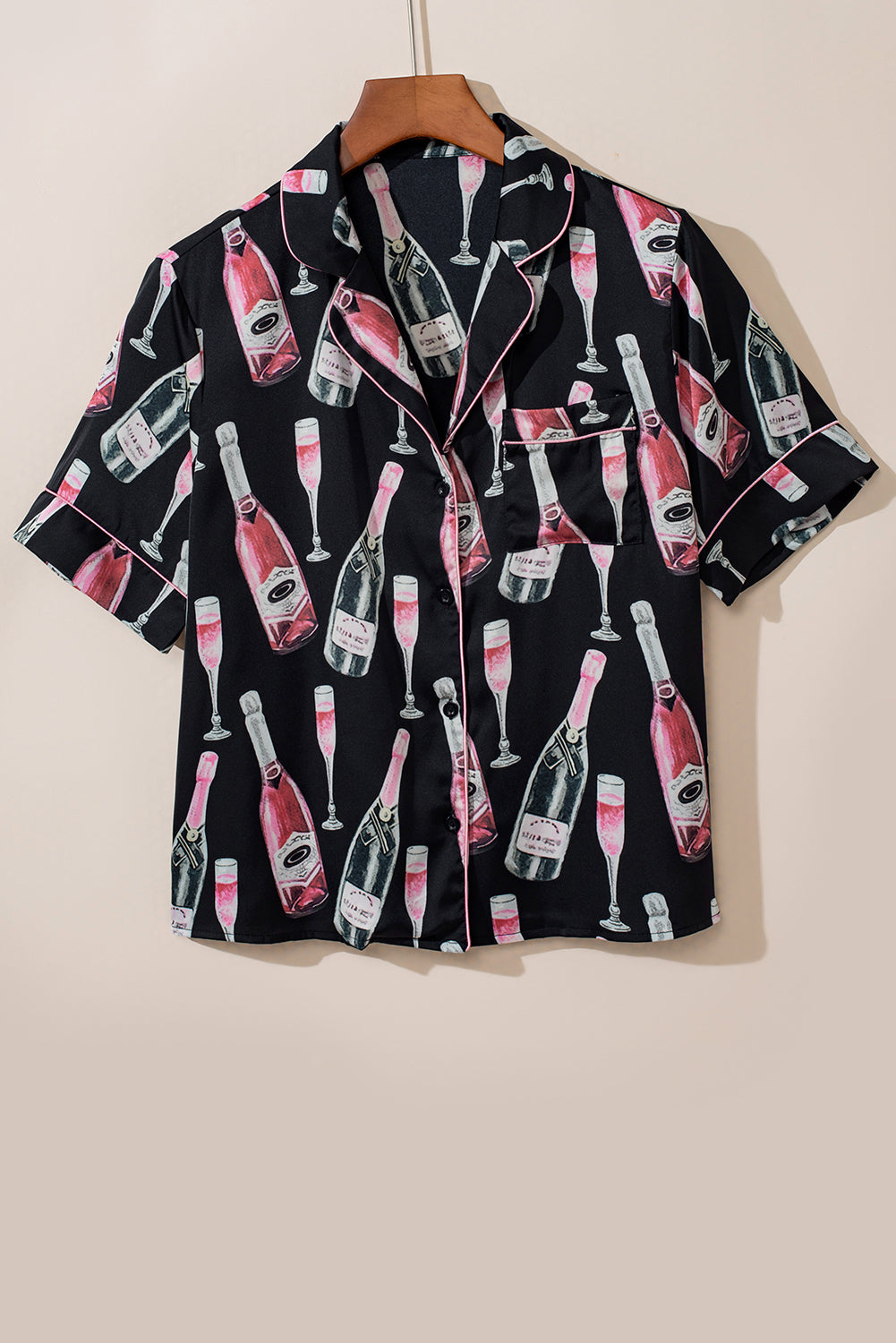 Black Champagne Silky Short Sleeve Pajamas Set