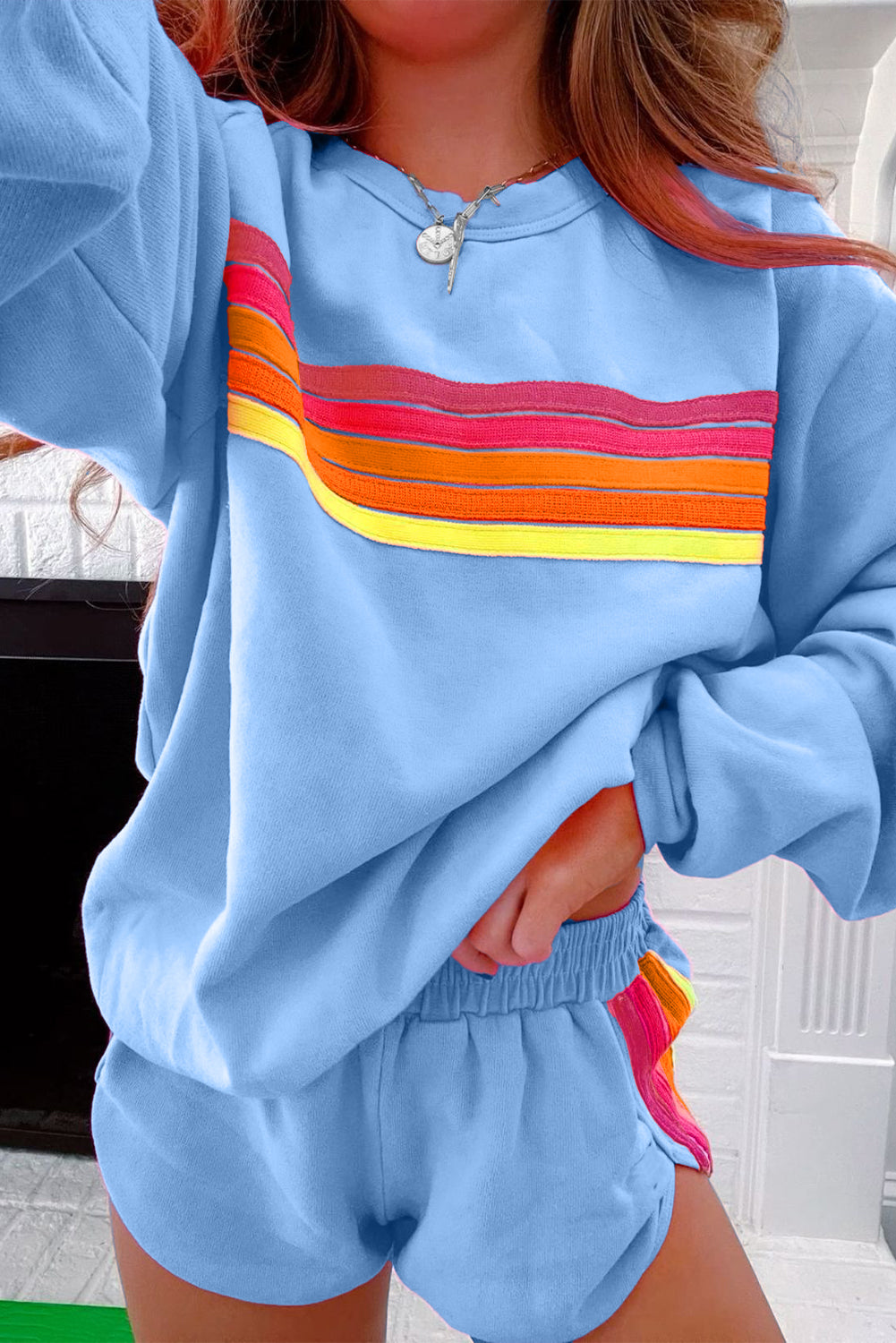 Blue Striped Accent Pullover and Shorts Two Piece Casual Set