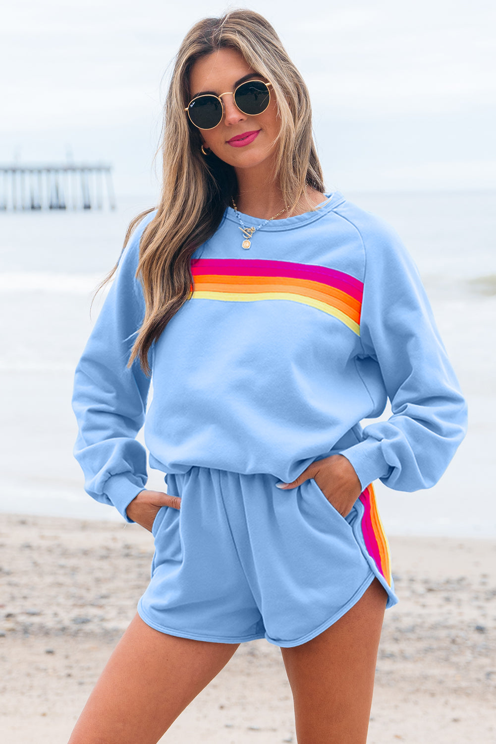 Blue Striped Accent Pullover and Shorts Two Piece Casual Set