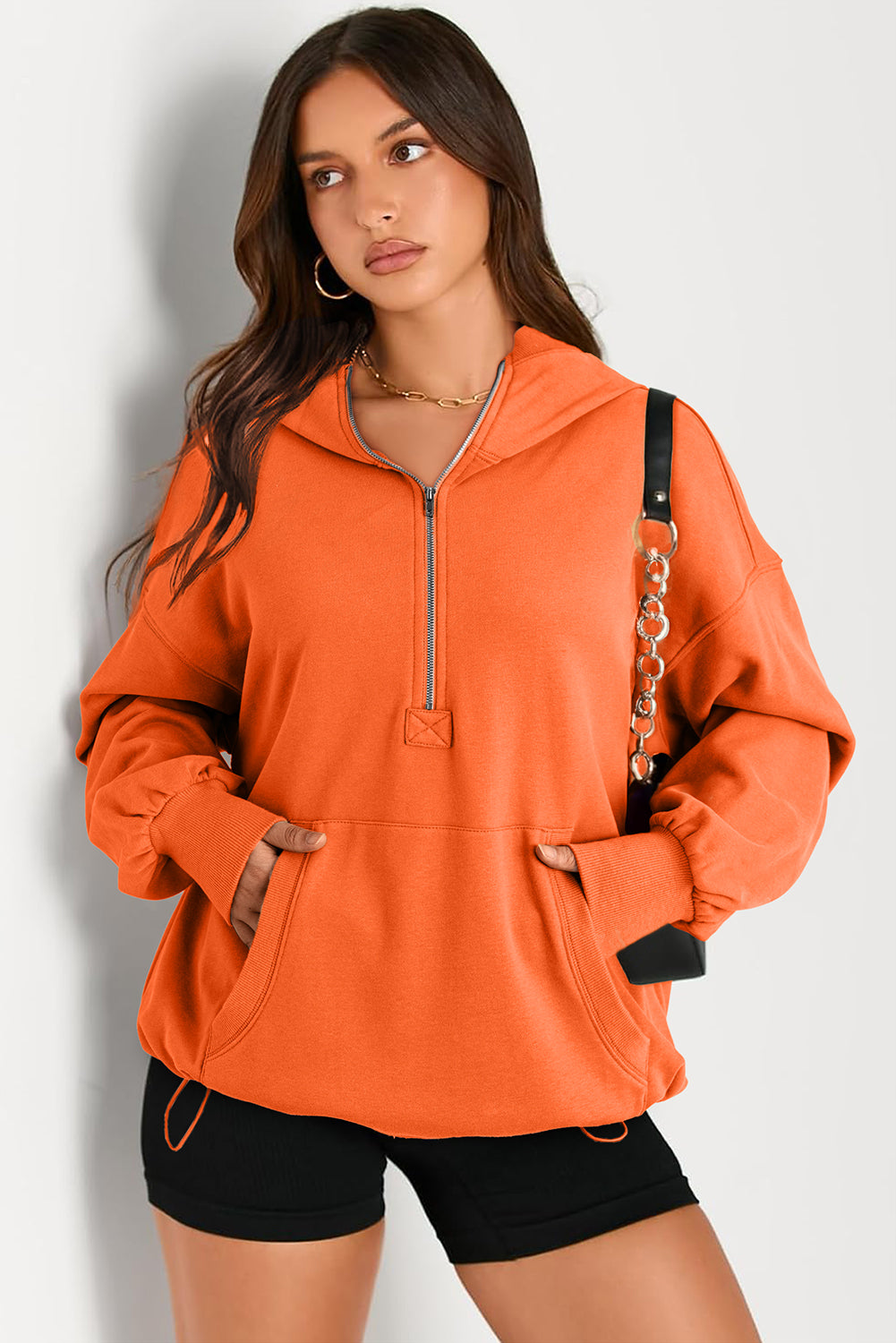 Orange Half Zipper Oversized Hoodie
