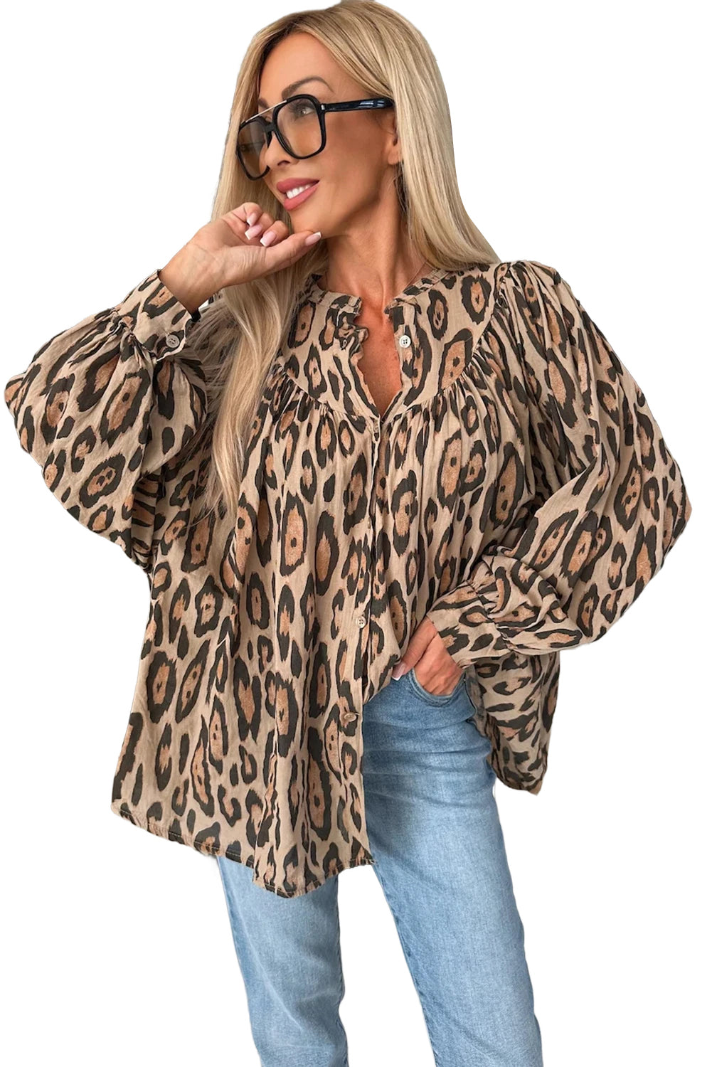 Light Beige Oversized Leopard Print Balloon Sleeve Casual Shirt
