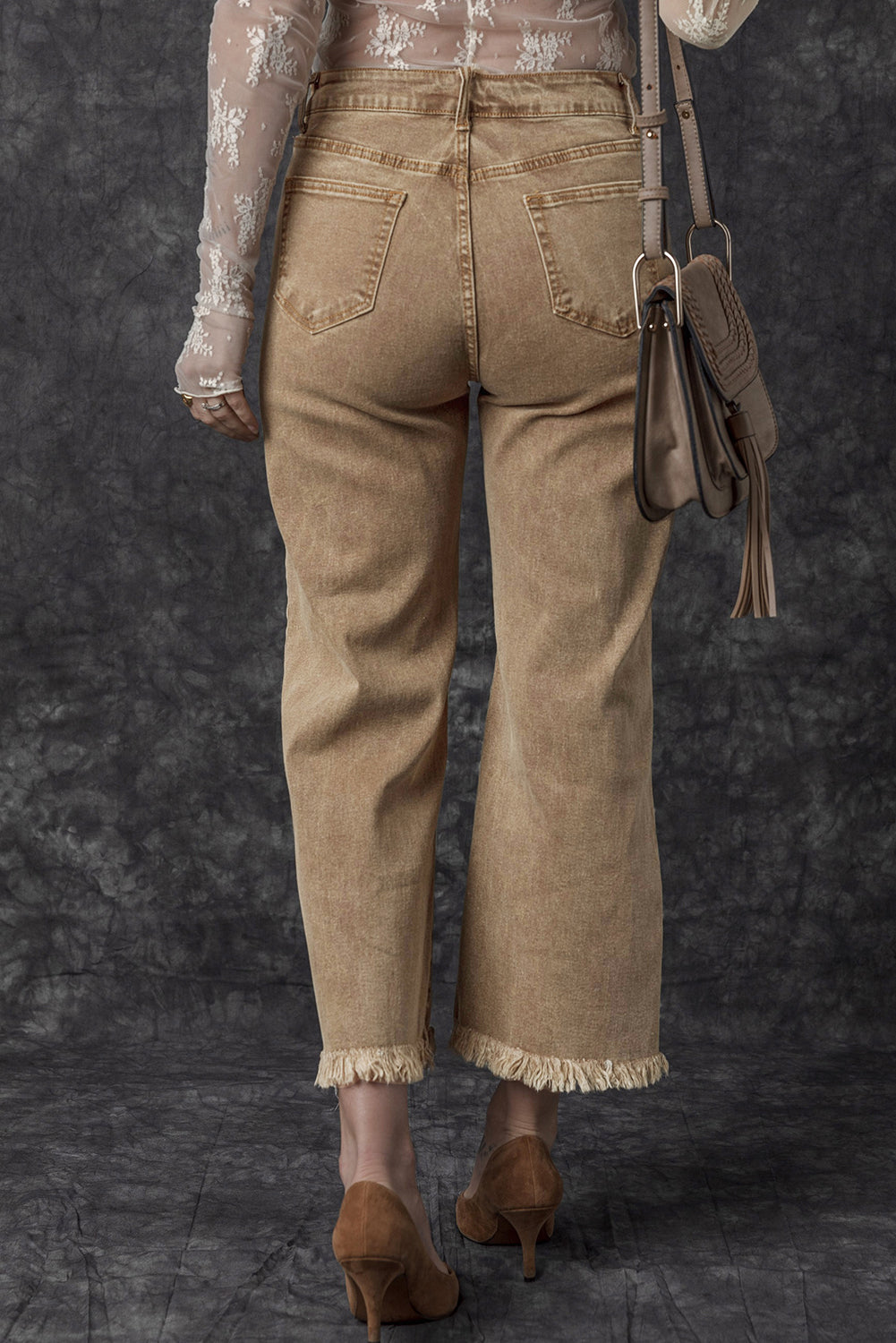 Light Beige Acid Washed High Rise Cropped Wide Leg Jeans