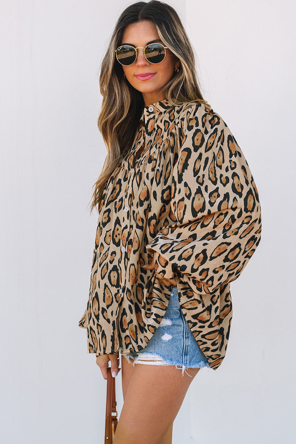 Light Beige Oversized Leopard Print Balloon Sleeve Casual Shirt