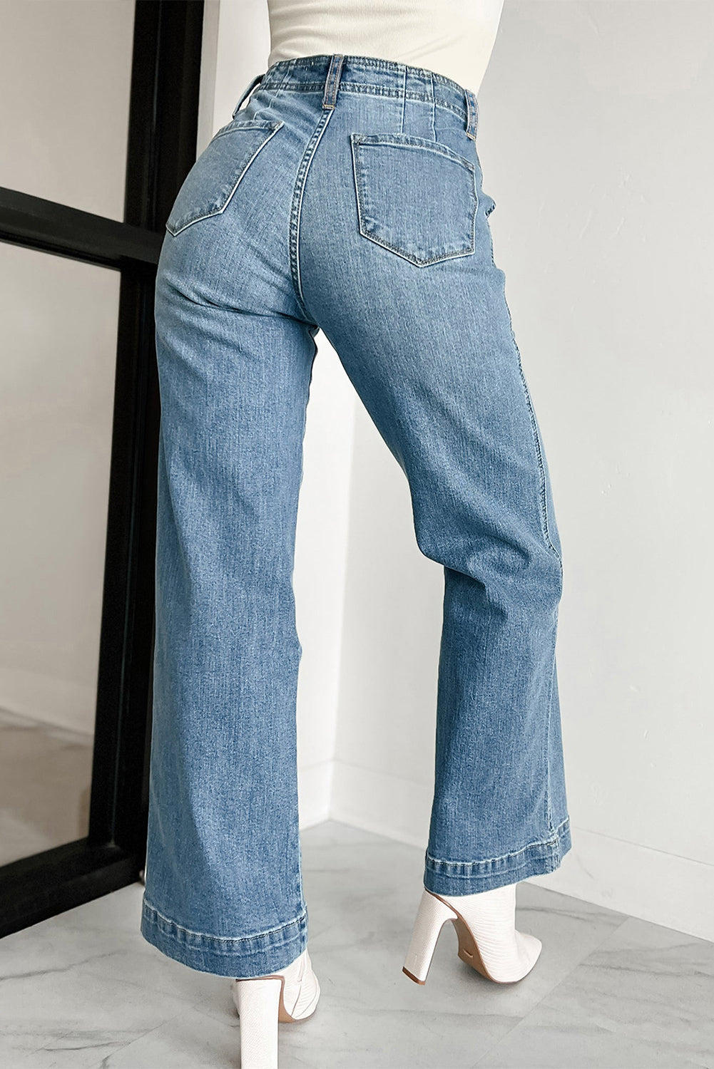 Dusk Blue Multi Buttons Straight Loose Leg Jeans