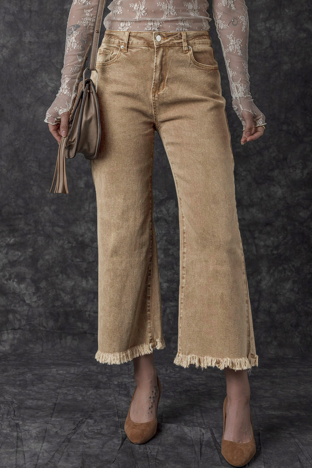 Light Beige Acid Washed High Rise Cropped Wide Leg Jeans