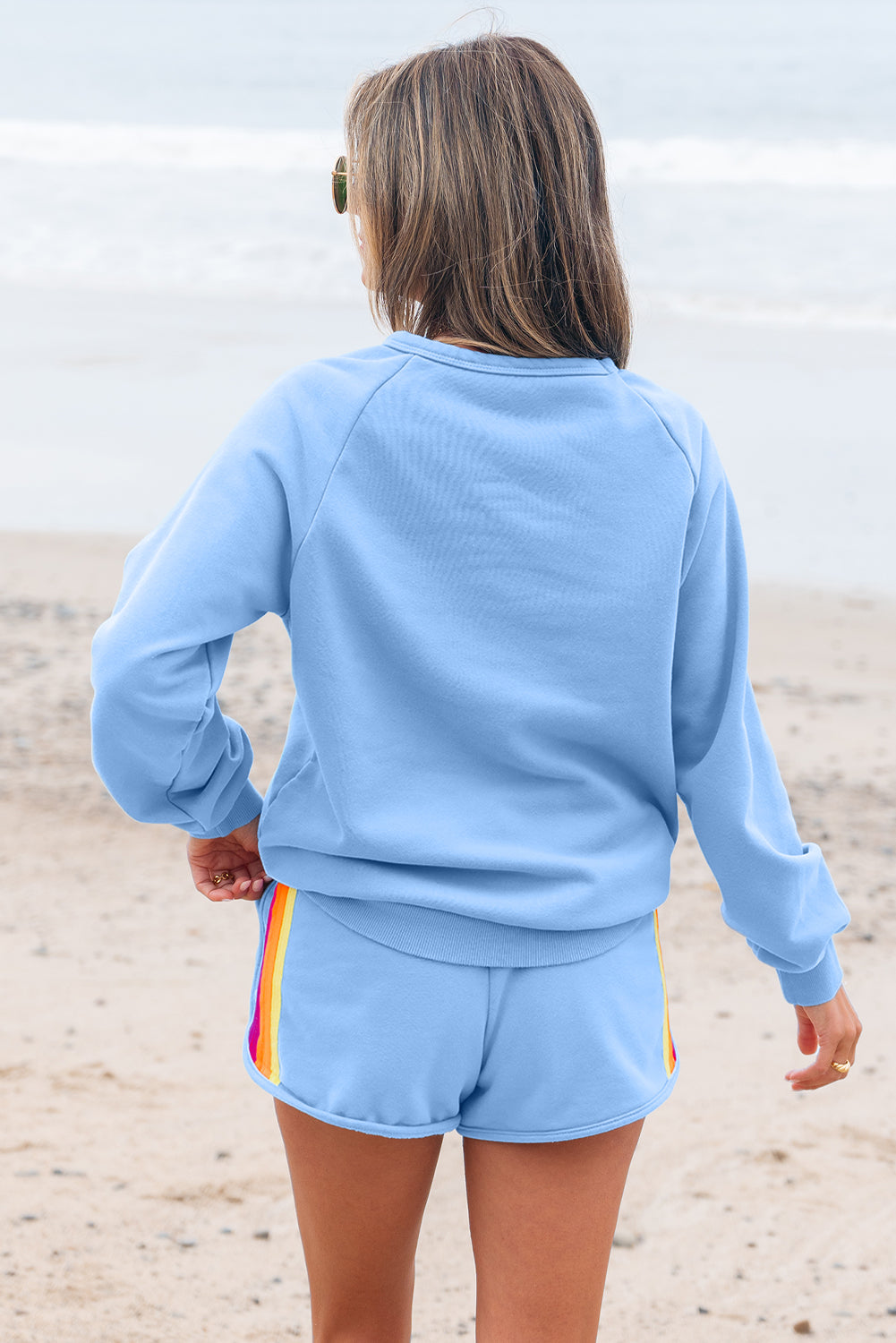 Blue Striped Accent Pullover and Shorts Two Piece Casual Set