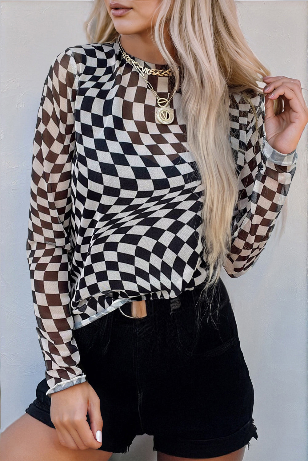 Black Checkered Mesh Mock Neck Long Sleeve Top