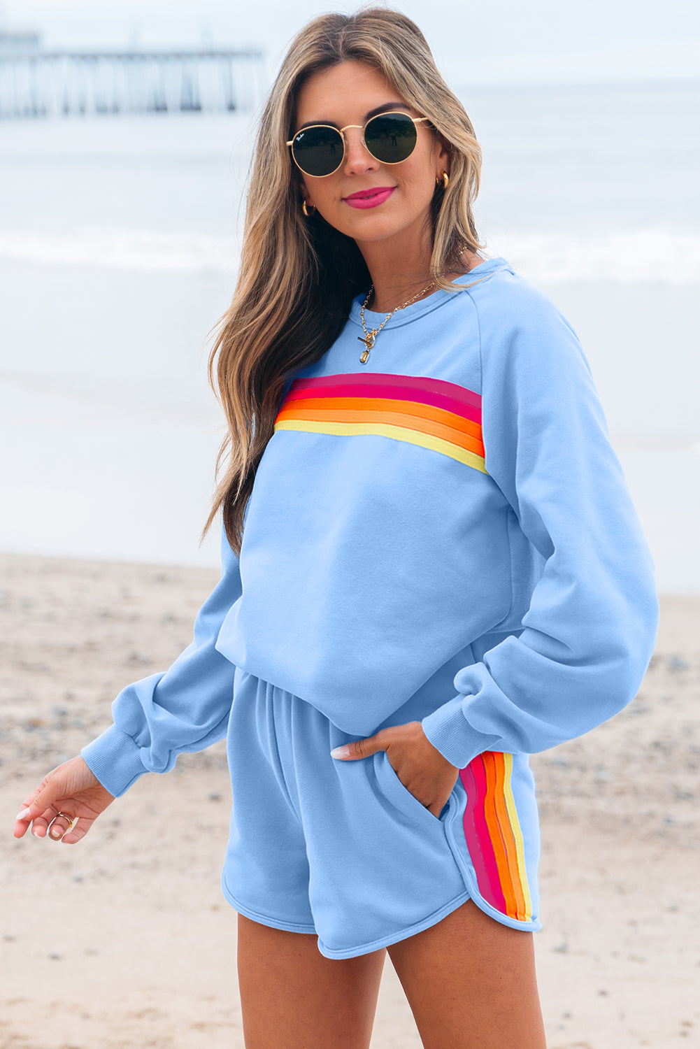 Blue Striped Accent Pullover and Shorts Two Piece Casual Set