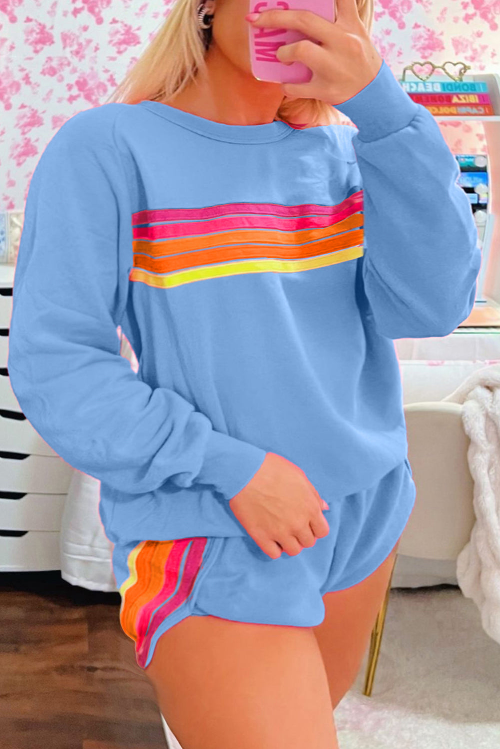Blue Striped Accent Pullover and Shorts Two Piece Casual Set