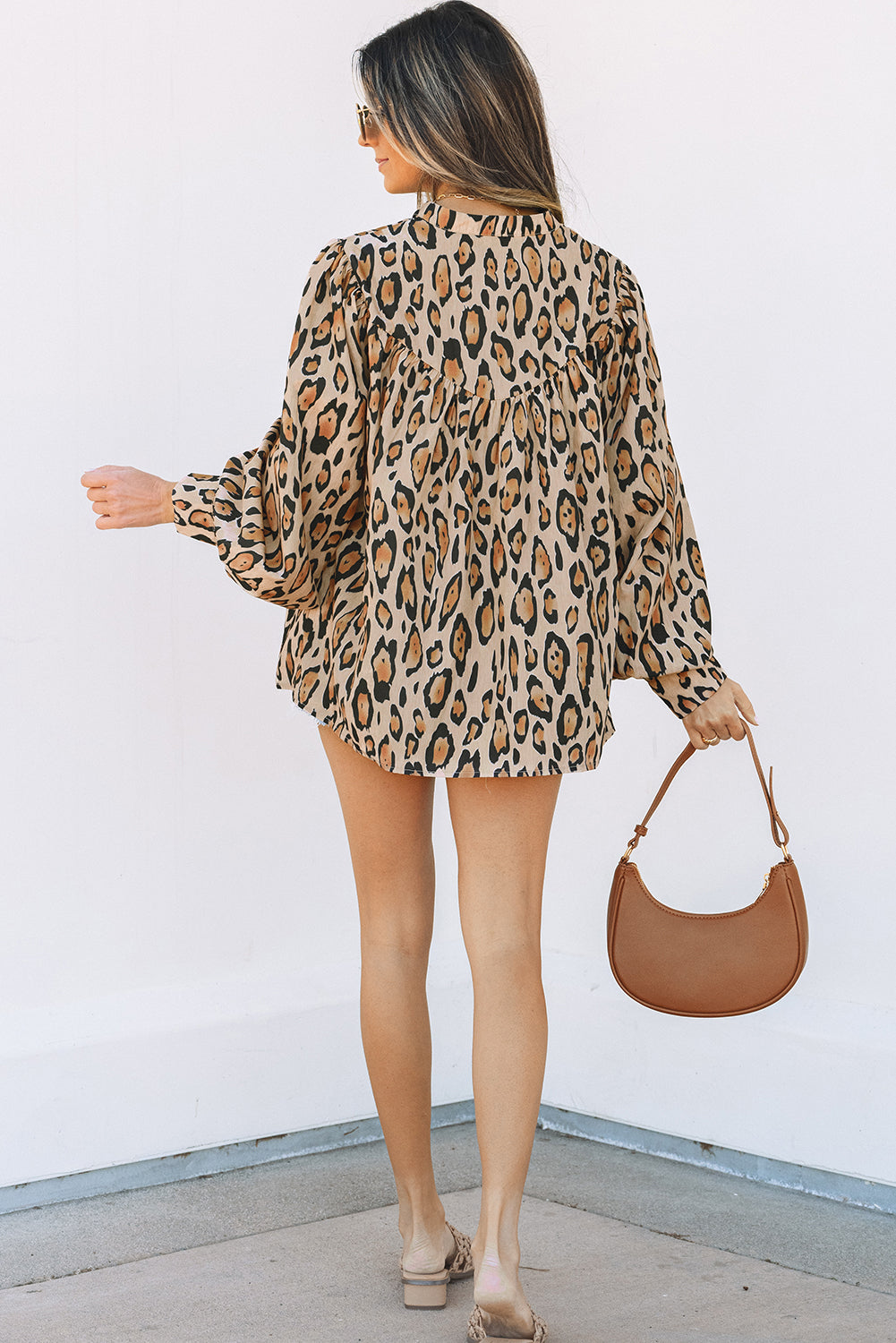 Light Beige Oversized Leopard Print Balloon Sleeve Casual Shirt