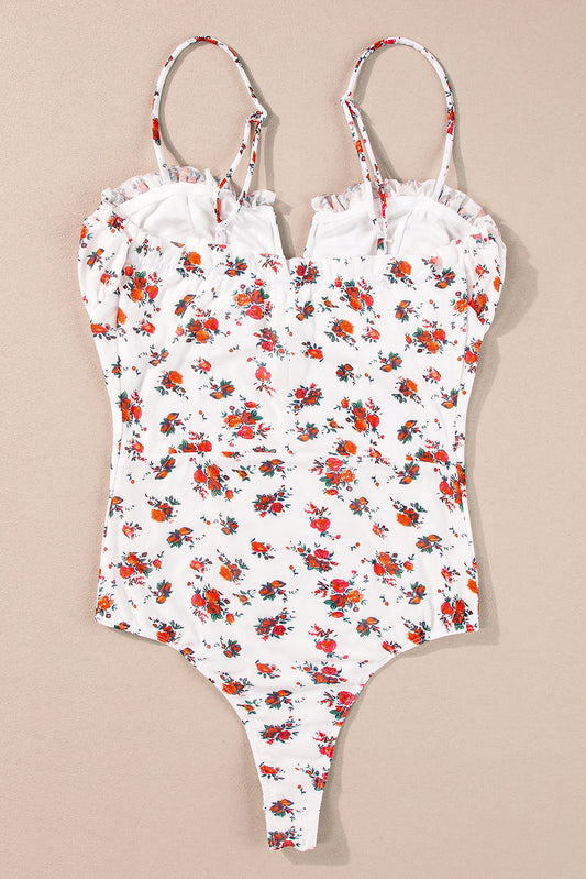 Floral V Cut Spaghetti Straps Bodysuit