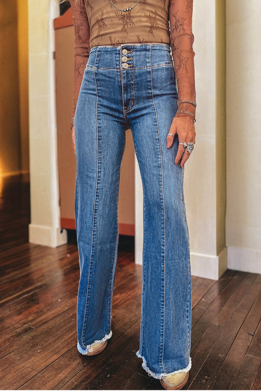 Sail Blue High Waist Button Fly Flare Jeans