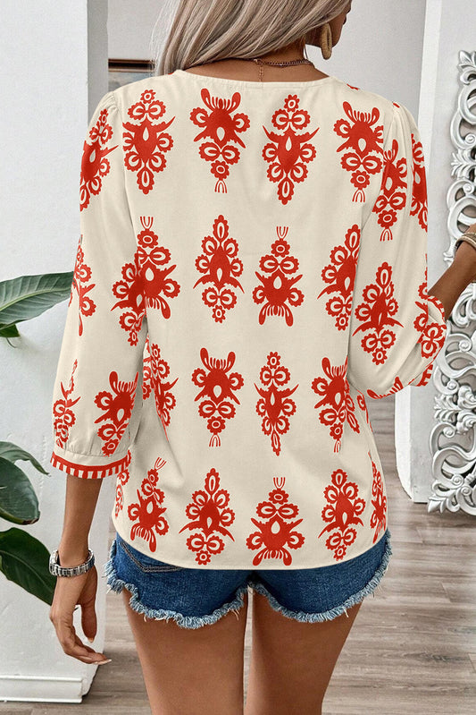 Orange Vintage 3/4 Sleeve V Neck Blouse