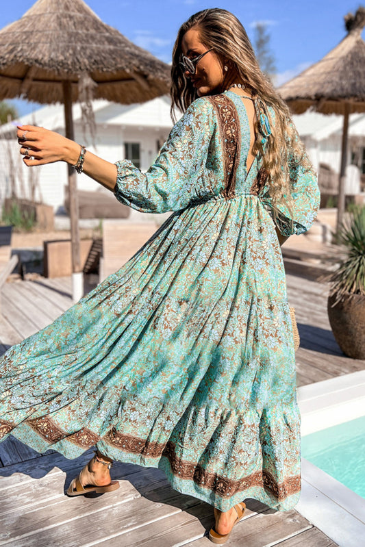 Boho Floral Print Lace-up Open Back High Waist Maxi Dress