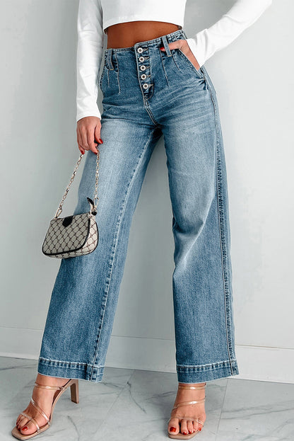 Dusk Blue Multi Buttons Straight Loose Leg Jeans