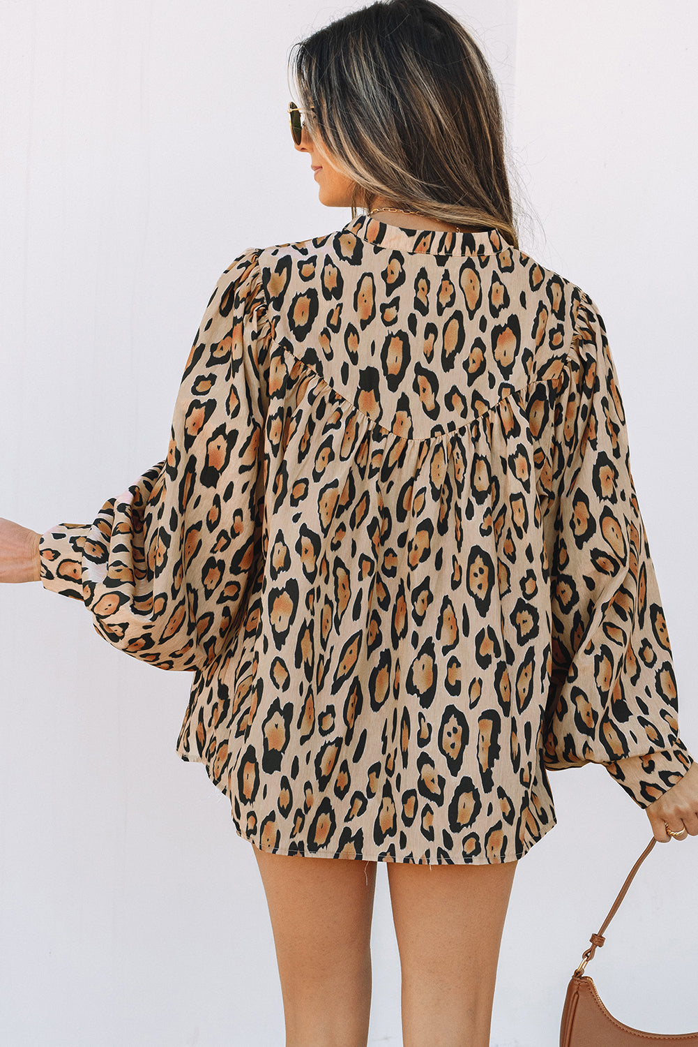 Light Beige Oversized Leopard Print Balloon Sleeve Casual Shirt