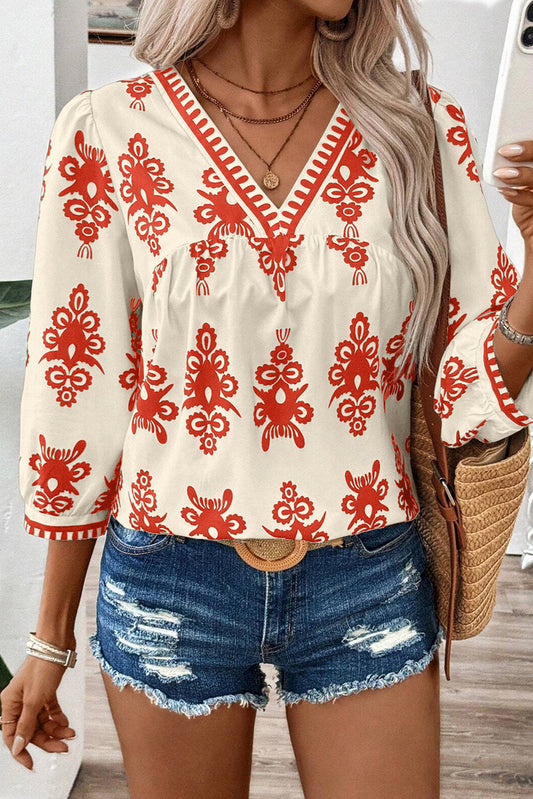 Orange Vintage 3/4 Sleeve V Neck Blouse