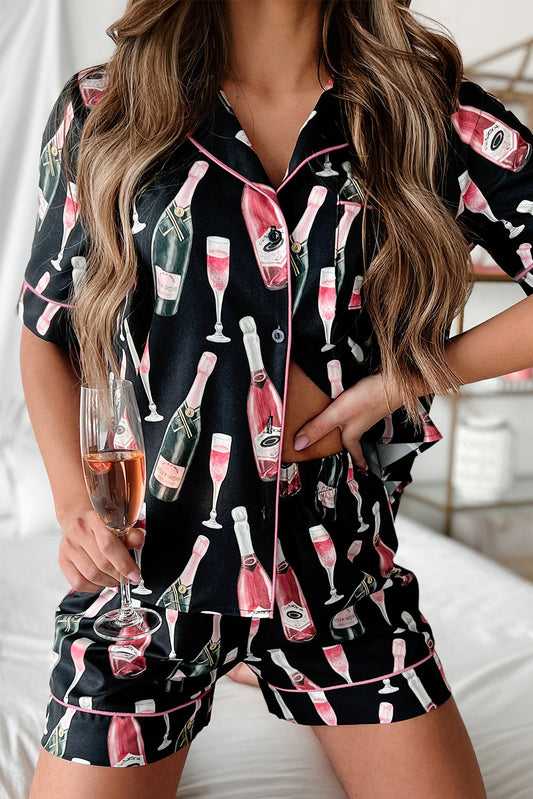 Black Champagne Silky Short Sleeve Pajamas Set
