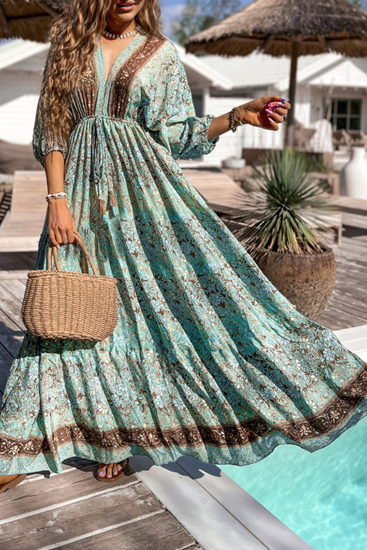Boho Floral Print Lace-up Open Back High Waist Maxi Dress