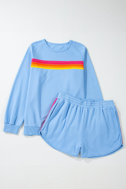 Blue Striped Accent Pullover and Shorts Two Piece Casual Set