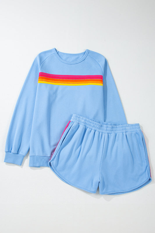 Blue Striped Accent Pullover and Shorts Two Piece Casual Set