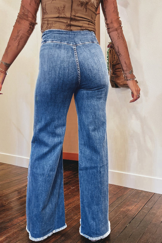 Sail Blue High Waist Button Fly Flare Jeans